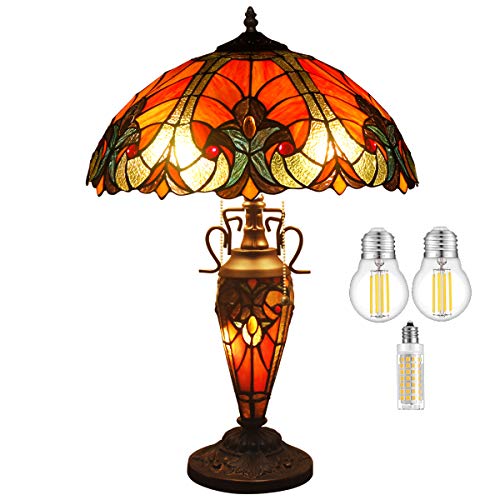 WERFACTORY Tiffany Lamp Red Stained Glass Liaison Mather-Daughter Vase Table Lamp 16X16X24 Inch Antique Desk Reading Light Decor Bedroom Living Room Home Office S160R Series