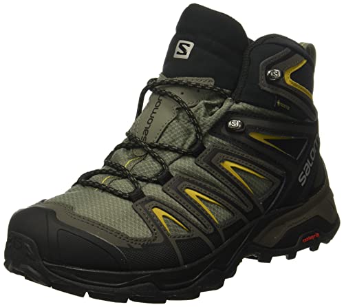 Salomon X Ultra 3 MID Gore-TEX Hiking Boots for Men, Castor Gray/Black/Green Sulphur, 11.5