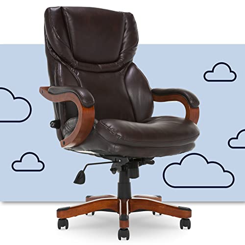 Serta Big and Tall Executive Office Chair with Wood Accents Adjustable High Back Ergonomic Lumbar Support, Bonded Leather, 30.5D x 27.25W x 43.5H in, Brown