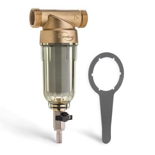 iSpring WSP-500 Reusable Whole House Spin Down Sediment Water Filter, 500 Micron Flushable Prefilter Filtration, 20GPM, 1″ MNPT + 3/4″ FNPT, Brass