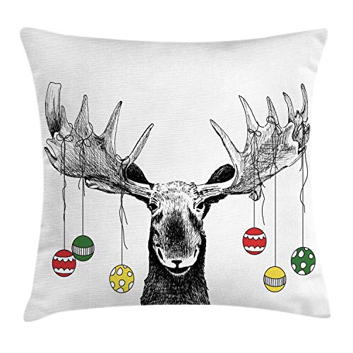 Ambesonne Moose Throw Pillow Cushion Cover, Christmas Moose with Xmas Ornaments Balls Hanging from Horns Funny Noel Sketch Art, Decorative Square Accent Pillow Case, 18″ X 18″, White Charcoal