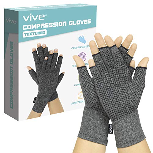 Vive Arthritis Gloves with Grips – Men & Women Textured Fingerless Compression – Open Finger Hand Gloves for Rheumatoid and Osteoarthritis – Arthritic Joint Pain Relief for Computer Typing (Large)