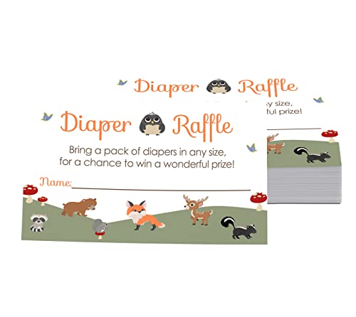 Woodland Diaper Raffle Tickets (25 Pack) Baby Shower Games Boys – Gender Reveal Invitation Insert for Guests Prize Drawings Fill-In – Rustic Theme Forest Animals – 2×3.5 Set Printed Cards