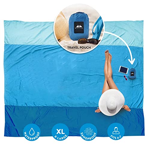 WELLAX Beach Blanket Waterproof Sandproof, Lightweight Beach Mat for 8 Persons 9×10 ft, Sand Repellent, Quick Drying, & Durable with 8 Pockets, 4 Stakes, Great for Picnic, Camping, Travel and Outdoor