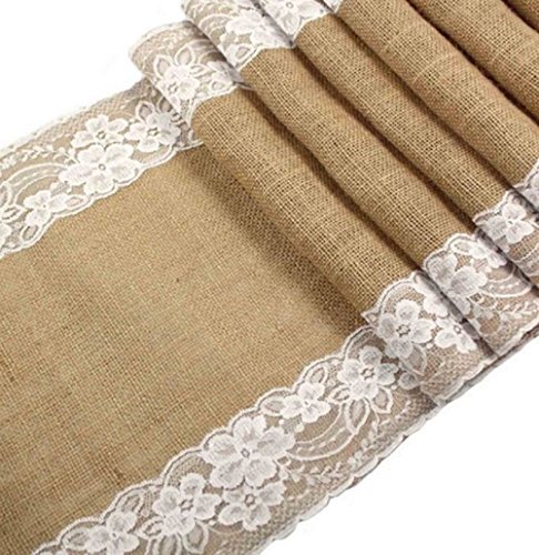 Burlap Table Runner with White Lace – Wedding Reception Vintage Rustic Decor – 12″ x 108″ Long Dining Table Decoration – Bridal Baby Shower & Everyday Use – by Jolly Jon ®