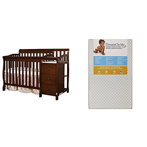 Dream On Me Jayden 4 in 1 Convertible Portable Crib w/ Changer with Dream On Me 3 Portable Crib Mattress, White