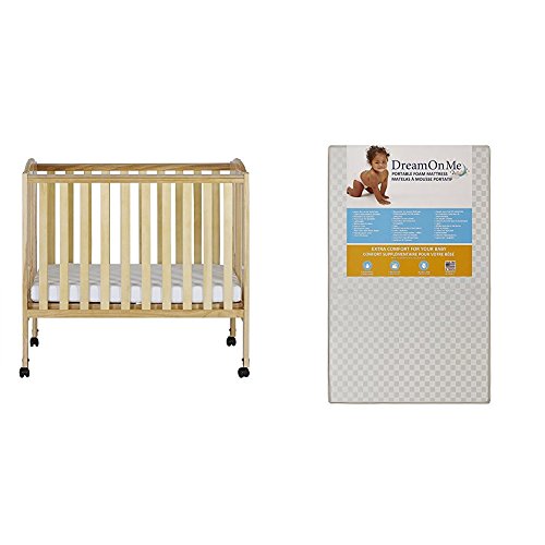 Dream On Me 2 in 1 Portable Folding Stationary Side Crib with Dream On Me 3 Portable Crib Mattress, Natural