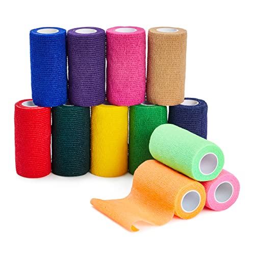 12-Pack Colorful Self Adhesive Stretch Bandage Wrap, 4 Inches x 5 Yards Adherent Cohesive Vet Tape for First Aid, Sports Athletes, Animals, Pets (12 Bright Colors)