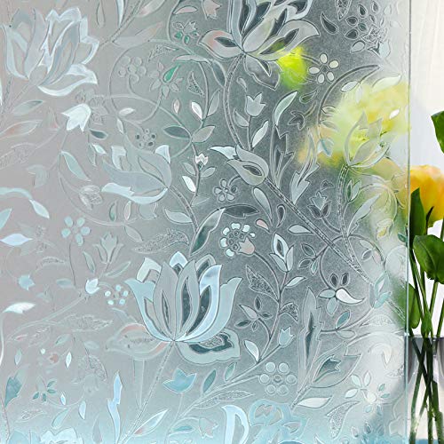 Tulip Decorative Window Film,No Glue Frosted Privacy Film,Stained Glass Door Film,Reflective Static Cling Heat Control Anti UV Window Decoration for Home and Office,35 inches by 118 inches