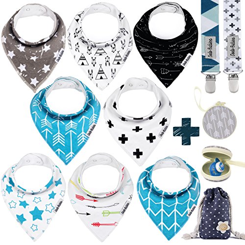 Dodo Babies Bandana Drool Bib Set – Eight 100% Cotton Bibs with Soft Polyester Lining, 2 Pacifier Clips, Binky Case, Blue Gift Bag for Baby Girl or Boy Shower – Adjustable Snap Fit for 3-24 Months