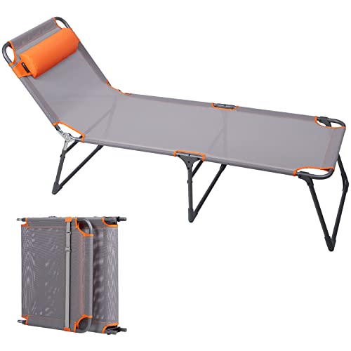 PORTAL Adjustable Portable Cot for Adults, Folding Chair, 4-Position Recliner with 250lbs Weight Capacity Lounger, Travel, Camping, Beach, and Hiking, Grey, Orange