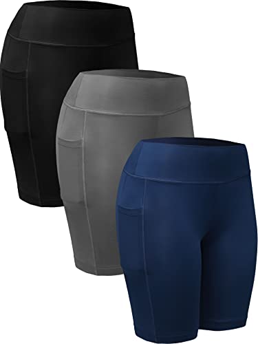 NELEUS Women’s 3 Pack Tummy Control Workout Compression Shorts with Pocket,9005,Black,Grey,Navy Blue,US M