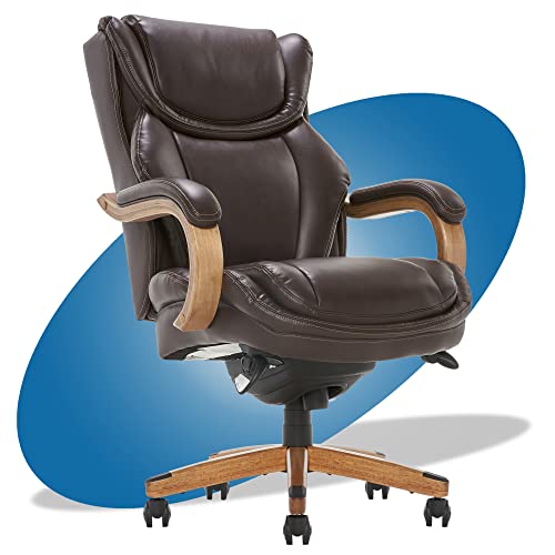 La-Z-Boy Harnett Big & Tall Executive Office Comfort Core Cushions, Ergonomic High-Back Chair with Solid Wood Arms, Bonded Leather, Coffee Brown