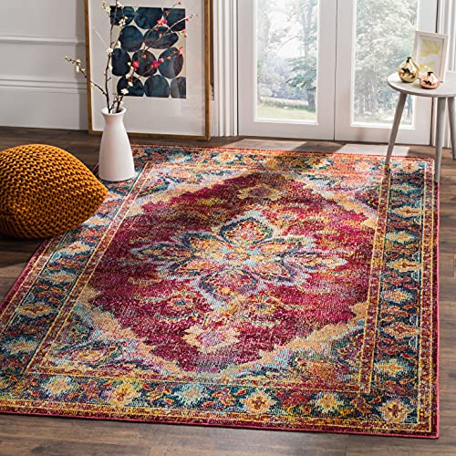 SAFAVIEH Crystal Collection 9′ x 12′ Ruby / Navy CRS508R Boho Chic Oriental Medallion Distressed Non-Shedding Living Room Bedroom Dining Home Office Area Rug