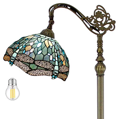 WERFACTORY Tiffany Floor Lamp Sea Blue Stained Glass Dragonfly Arched Lamp 12X18X64 Inches Gooseneck Adjustable Corner Standing Reading Light Decor Bedroom Living Room S147 Series