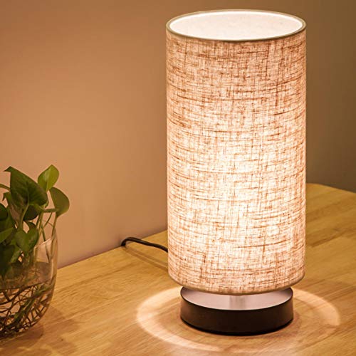 lifeholder Table Lamp, Bedside Nightstand Lamp, Simple Desk Lamp, Fabric Wooden Table Lamp for Bedroom Living Room Office Study, Cylinder Black Base