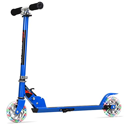 Goplus Folding Kick Scooter for Kids, 2 Flash Wheels Deluxe Aluminum, Rear Fender Brake ,Adjustable Height, Sports Scooter for Girls and Boys (Blue)