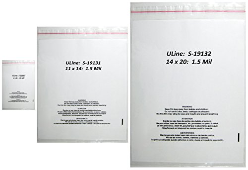 Uline Self-Seal Poly Bags: Clear with Suffocation Warning, 1.5 Mil, 300 Piece Combo Pack: 4 x 6, 11 x 14 and 14 x 20 (100 Bags of Each Size)