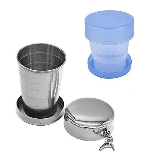 Travel Stainless Steel Collapsible Cup 240ML with Metal Telescopic Keychain ,With Plastic Collapsible Cups,BPA-Free Silicone,Portable Foldable,Water,Coffee,Tea, Snacks for Hiking,Camping,Picnic