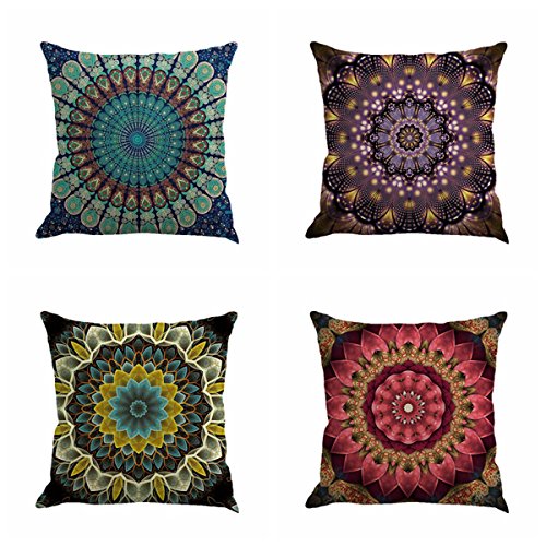 Jartinle Set of 4 Retro Floral Mandala Compass Medallion Bohemian Pillow Covers Boho Decor Hippie Throw Pillows Decorative for Sofa Couch 18 x 18