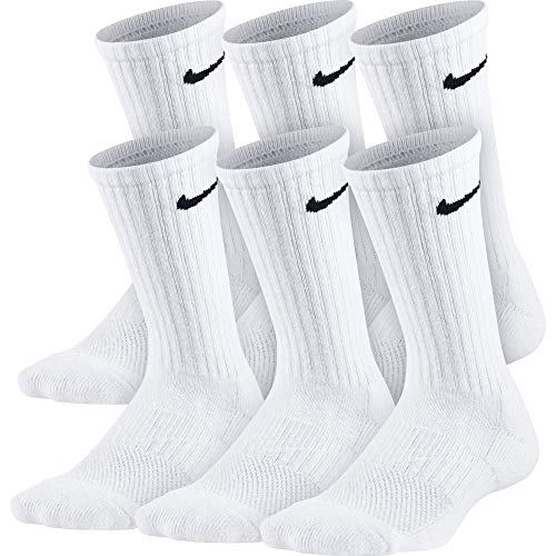 Nike Kids’ Performance Cushioned Crew Training Socks (6 Pair), Girls & Boys’ Socks with Cushioned Comfort & Dri-FIT Technology, White/Black, S