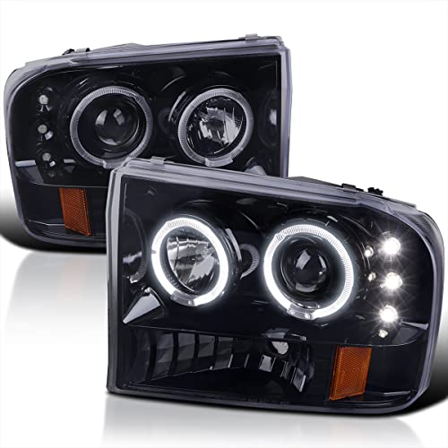 SPEC-D TUNING Halo Rim LED Glossy Black Housing Smoke Lens Projector Headlights Compatible with 1999-2004 Ford F250/F350/F450/F550 Super Duty Left + Right Pair Headlamps Assembly