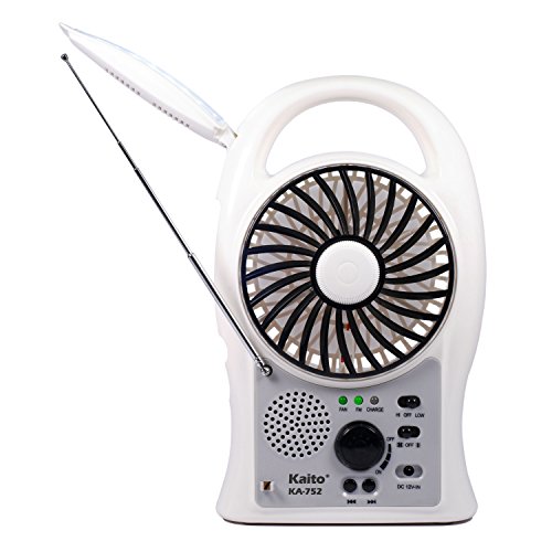 Kaito Portable Electric Fan 3-in-1 KA752 Rechargeable 5″ 2-Speed Battery-Powered Personal Fan with Scan FM Radio & 24-LED Camping Lantern