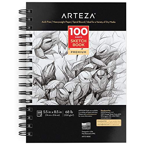ARTEZA Sketch Book, 5.5 x 8.5 Inches, 1 Pack, 100 Sheets Each, Spiral-Bound 100 GSM Drawing Paper, Art Supplies for Graphite Pencil, Colored Pencil, Charcoal, & Soft Pastel
