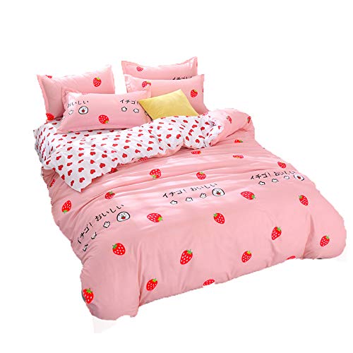 Kimko Girls Strawberry Bedding Set- Kids Reversible Red Strawberry Pattern & Pink Cover,Breathable(4Pcs -1 Duvet Cover Set + 1 Flat Sheet + 2 Pillowcases) (Queen, # Strawberry)