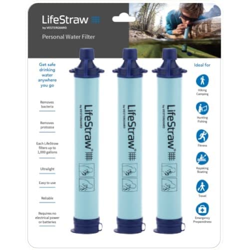 LifeStraw Personal Water Filter for Hiking, Camping, Travel, and Emergency Preparedness, 3 Pack, Blue