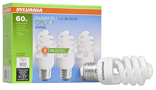 SYLVANIA CFL T2 Twist Light Bulb, 60W Equivalent, Efficient 13W, 800 Lumens, 6500K, Daylight – 3 Pack (26378)