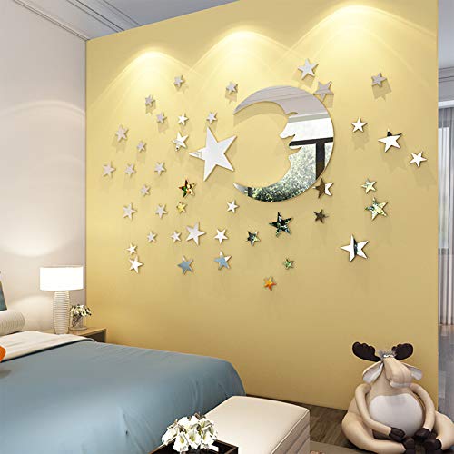 Moon and Stars Wall Stickers – 30cm Largest Moon with 66 Pieces Different Size Stars – for Baby Kid Room Decoration – Fairy Atmosphere Creation Perfect Birthday Holiday Christmas Gift