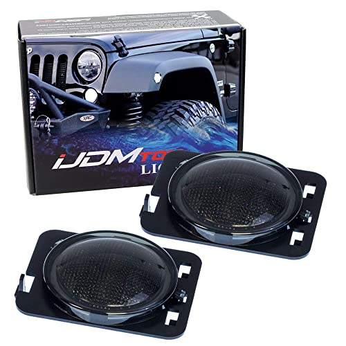 iJDMTOY Smoked Lens White Full LED Front Fender Flare Side Marker Light Kit Compatible With Jeep 2007-2017 Wrangler JK, Replace OEM Amber or Clear Sidemarker Lamps