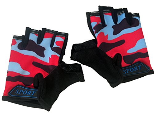 Kids Bike Gloves Anti-slip Half finger Cycling Gloves for Children 4-12 Y (Red)