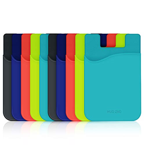 Phone Card Holder for Phone Back, HUO ZAO Silicone Adhesive Credit Card Pouch with 3M Stick-on Phone Wallet, Compatible with Apple iPhone Samsung Galaxy Android Cell Phone Table Multi Colors – 10 Pack
