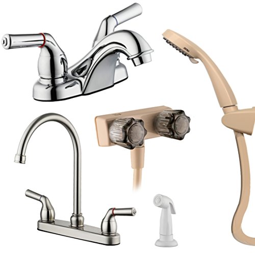 PIH RV Faucet Gift Package w/ Two Handle High Arc Swivel Kitchen Faucet, Lavatory Bathroom Faucet, and Showering Faucet Unit, Polish Chrome