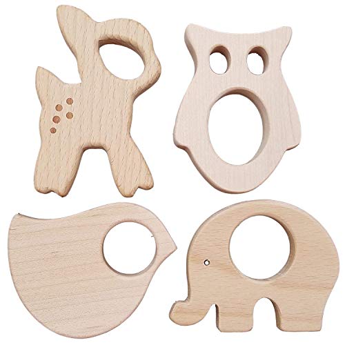 Natural wooden baby teether toys 4pk forest animal set and classic baby rattles, Fine motor Development and Sensory Skills Toy, Gender Neutral Handmade Wooden Toys