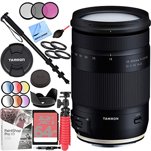 Tamron 18-400mm f/3.5-6.3 Di II VC HLD All-in-One Lens for Nikon Mount Bundle with 64GB Memory Card, 72mm Filter Sets, 72mm Filter Kit, Paintshop Pro, Tripod, and Accessories (5 Items) AFB028N-700