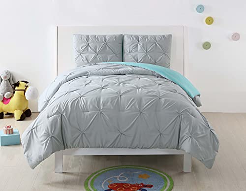 Laura Hart Kids Pleated Solid Silver Grey Reversing to Turquoise Full/Queen Comforter Set