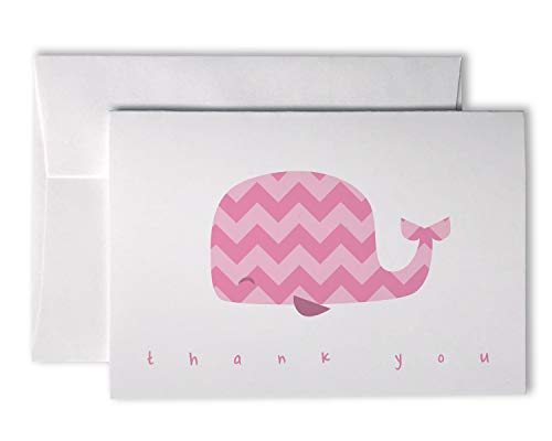 Colorful Chevron Whales Baby Thank You Note Cards – 48 Cards & Envelopes (Pink)