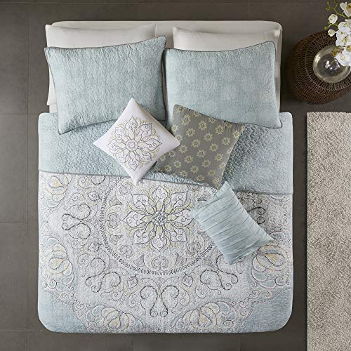 Madison Park 100% Cotton Quilt – Luxury Stitching Design All Season, Breathable Coverlet Bedspread Bedding, Shams, Decorative Pillow, Full/Queen(90″x90″), Seafoam 6 Piece