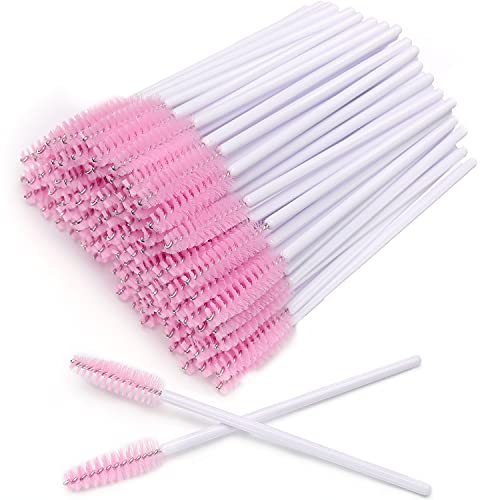AKStore 200 PCS Disposable Eyelash Brushes Mascara Wands Eye Lash Eyebrow Applicator Cosmetic Makeup Brush Tool Kits (White-Pink)