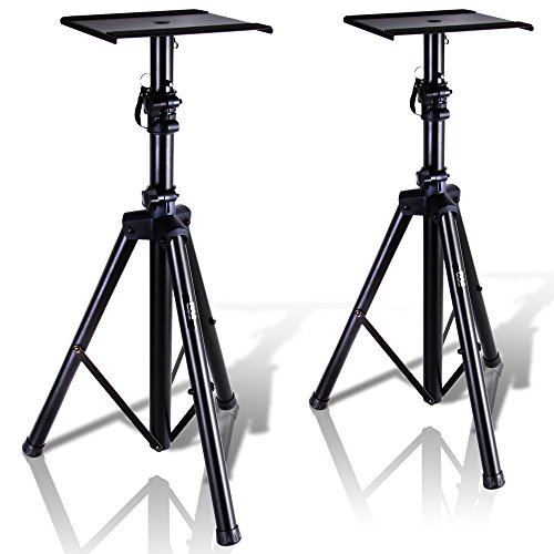 Pyle Dual Studio Monitor 2 Speaker Stand Mount Kit – Heavy Duty Tripod Pair and Adjustable Height from 34.0” to 53.0” w/ Metal Platform Base – Easy Mobility Safety PIN for Structural Stability PSTND32