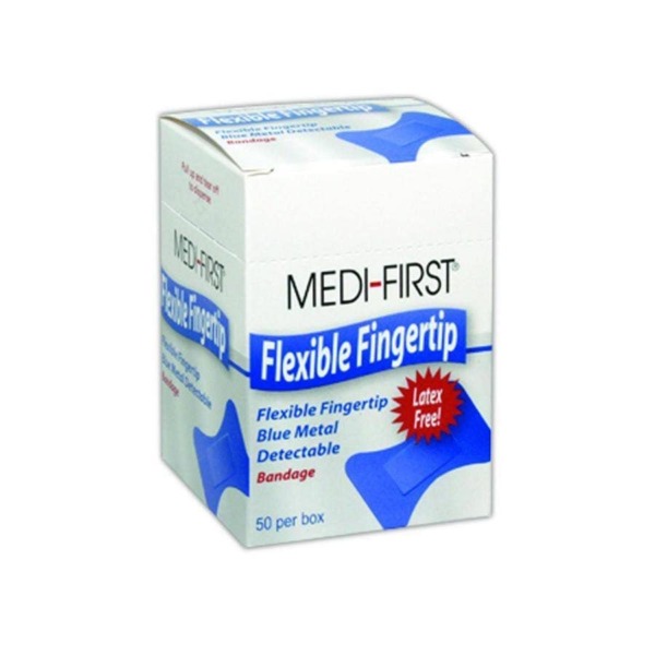 Medique MP66050 Medi-First Blue Metal Detectable Fingertip Bandages, 1.5″ x 3″, Flesh, Fingertip (Pack of 50)
