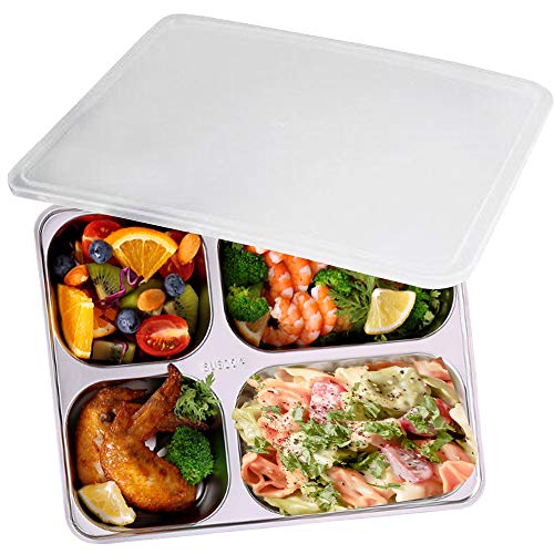 AIYoo Divided Plate with Lid for Kids and Adults 304 Stainless Steel Bento Box – 4 Compartment Lunch Containers with Dividers Camping Food Container Bento Lunch Box