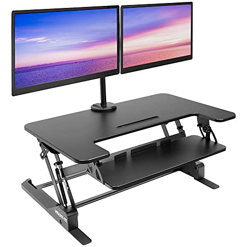 Mount-It! Standing Desk Converter with Bonus Dual Monitor Mount Included – Height Adjustable Stand Up Desk – Wide 36 Inch Sit Stand Workstation with Gas Spring Lift– Black (MI-7934)