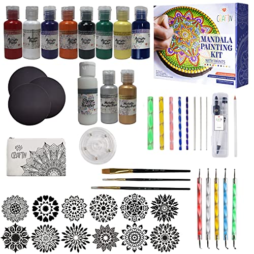 Mandala Painting Kit – Art & Craft Kit with Paints for Teens & Adults – 48 Piece Acrylic & Metallic Paint Kit – Including Gloss Sealer & Stencils – Dotting Tools – Indoor & Outdoor Painting