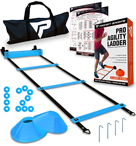 Pro Agility Ladder and Cones – 15 ft Fixed-Rung Speed Ladder with 12 Disc Cones for Soccer, Football, Sports, Exercise, Workout, Footwork Training – Includes 4 Stakes and Heavy Duty Carry Bag (Blue)