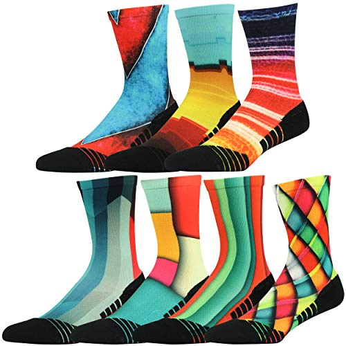 HUSO Funny Novelty Sports Socks Unisex, Mothers Day Gifts for Mom Fashion Colorful Print Running Sports Compression Quick Wicking Mountain Biking Socks 7 Pairs (Multicolor, L/XL)