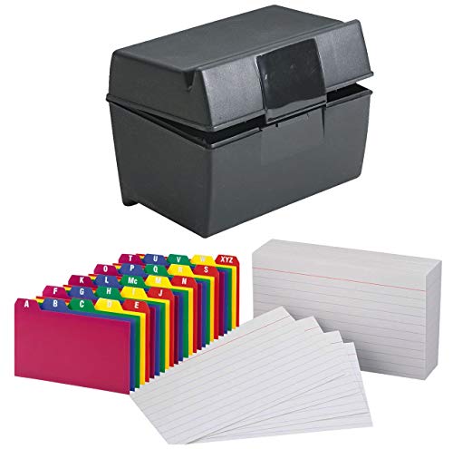 Plastic Index Card Holder, Flip Top File Box Holds 300 3 x 5 Cards, Matte Black, with Poly Card Guides, A-Z, 3 x 5 -Inch, and Heavy Weight Index Cards, 3″ x 5″, Ruled, White, 100/Pack (3×5 Inch)